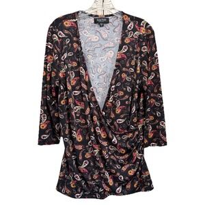 Arna York Collection Black/Orange Paisley Wrap Front 3/4‎ Sleeve Size 18 V Neck